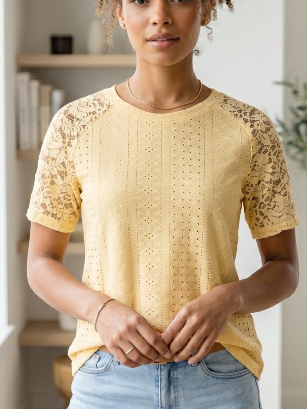NWT | Yellow Eyelet Top | Floral Lace Sleeve | Small